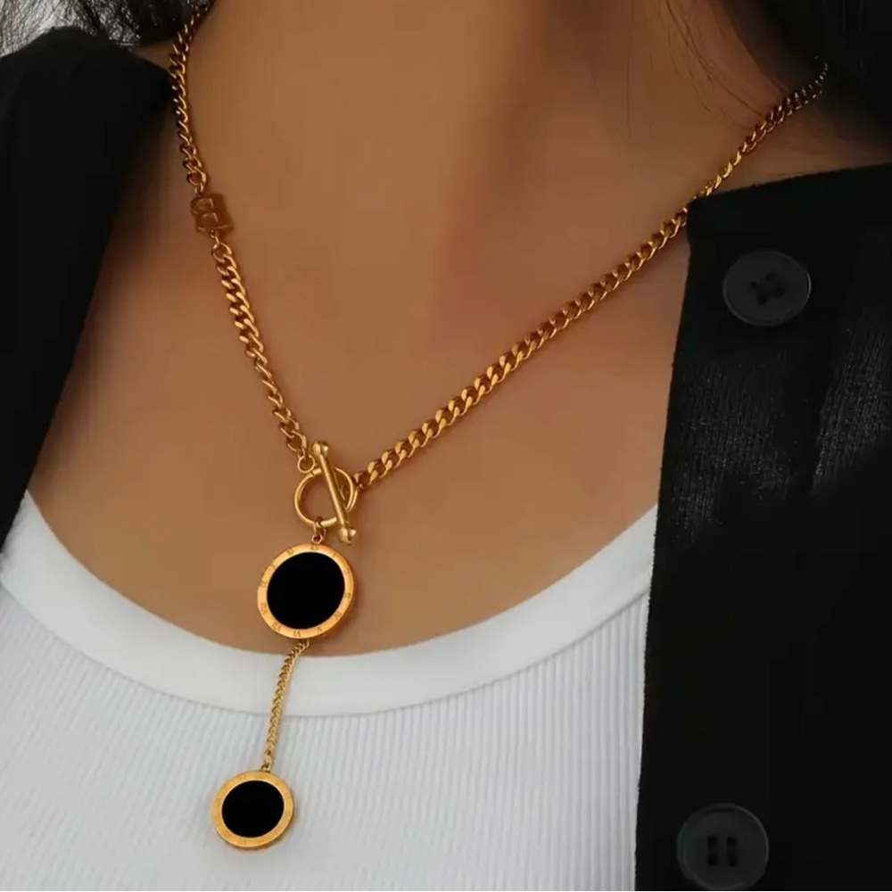 Elegant Stainless Steel Gold and Black Pendant Necklace